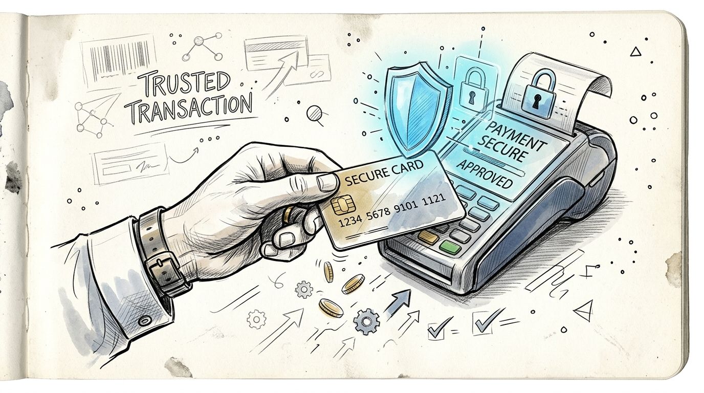 A hand holding a secure credit card near a payment terminal illustrating a secure transaction process.