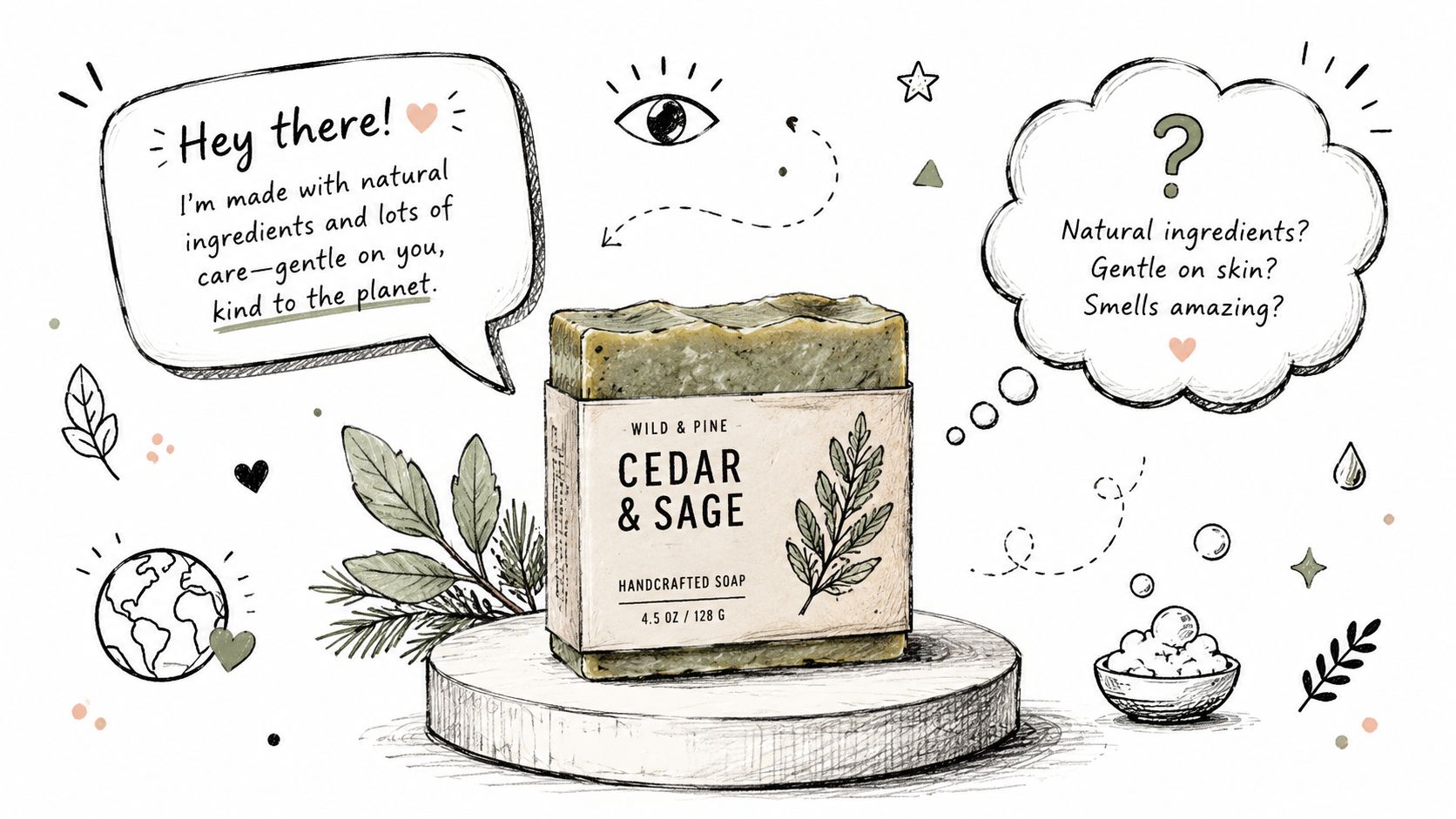 A hand-drawn illustration of a Cedar and Sage handcrafted soap bar placed on a wooden pedestal display.