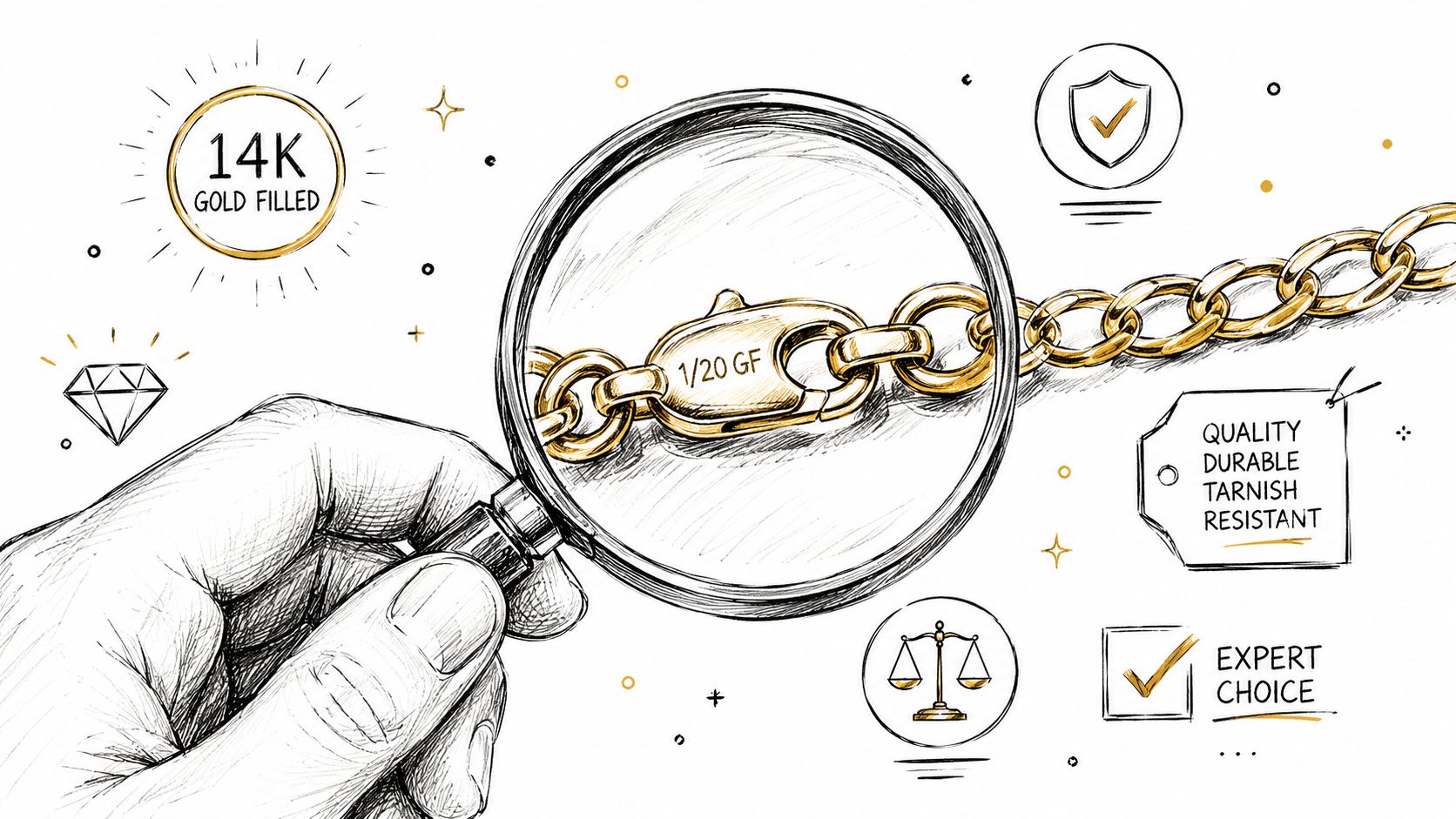 A hand holding a magnifying glass over a 14k gold filled jewelry chain showing the stamp 1/20 GF.