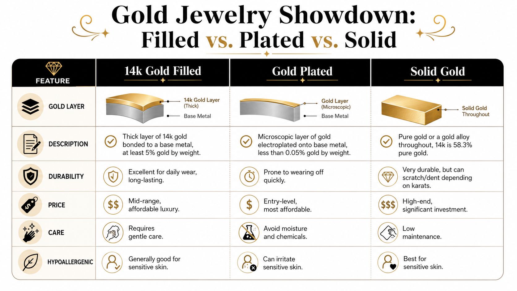 A comparison chart explaining the differences between 14k gold filled, gold plated, and solid gold jewelry.