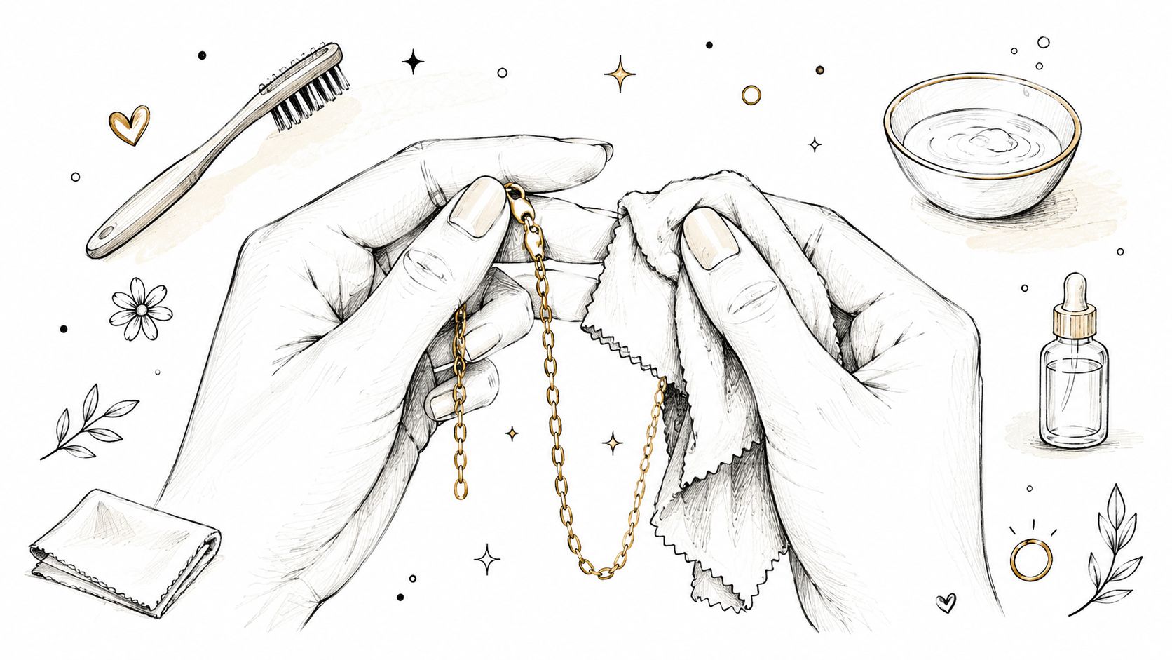 A hand-drawn illustration showing hands polishing a gold chain with a cloth and cleaning supplies nearby.