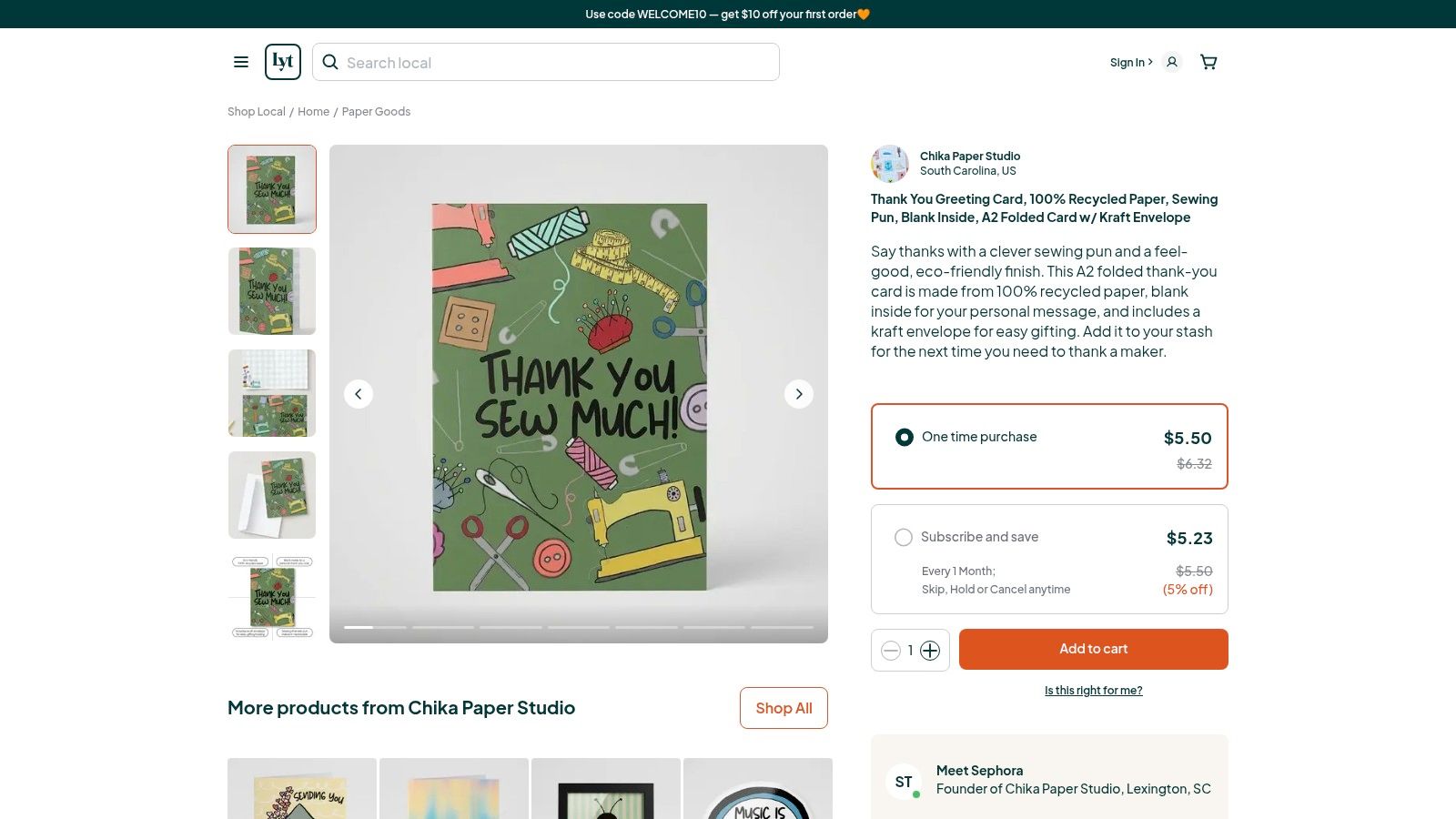 Screenshot from https://loyaltie.com/chikapaperstudio/products/thank-you-greeting-card-100-recycled-paper-sewing-pun-blank-inside-a2-folded-card-w-kraft-envelope
