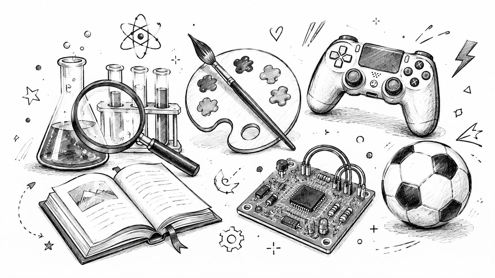 Hand-drawn sketch illustration featuring icons of science, art, electronics, gaming, and sports equipment on white background.