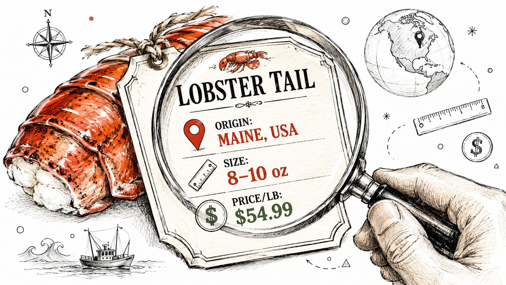 A hand holding a magnifying glass over a label displaying information about a fresh lobster tail.