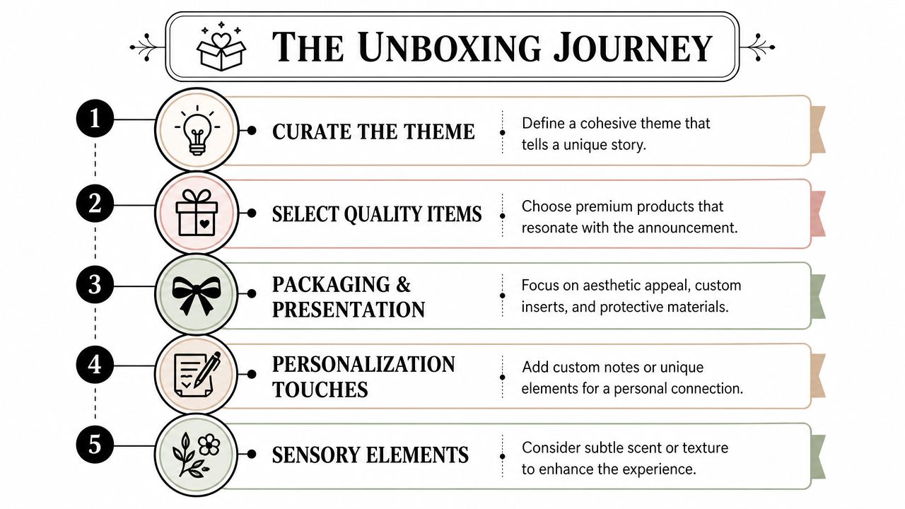 An infographic titled The Unboxing Journey outlining five steps for creating a memorable pregnancy announcement box experience.