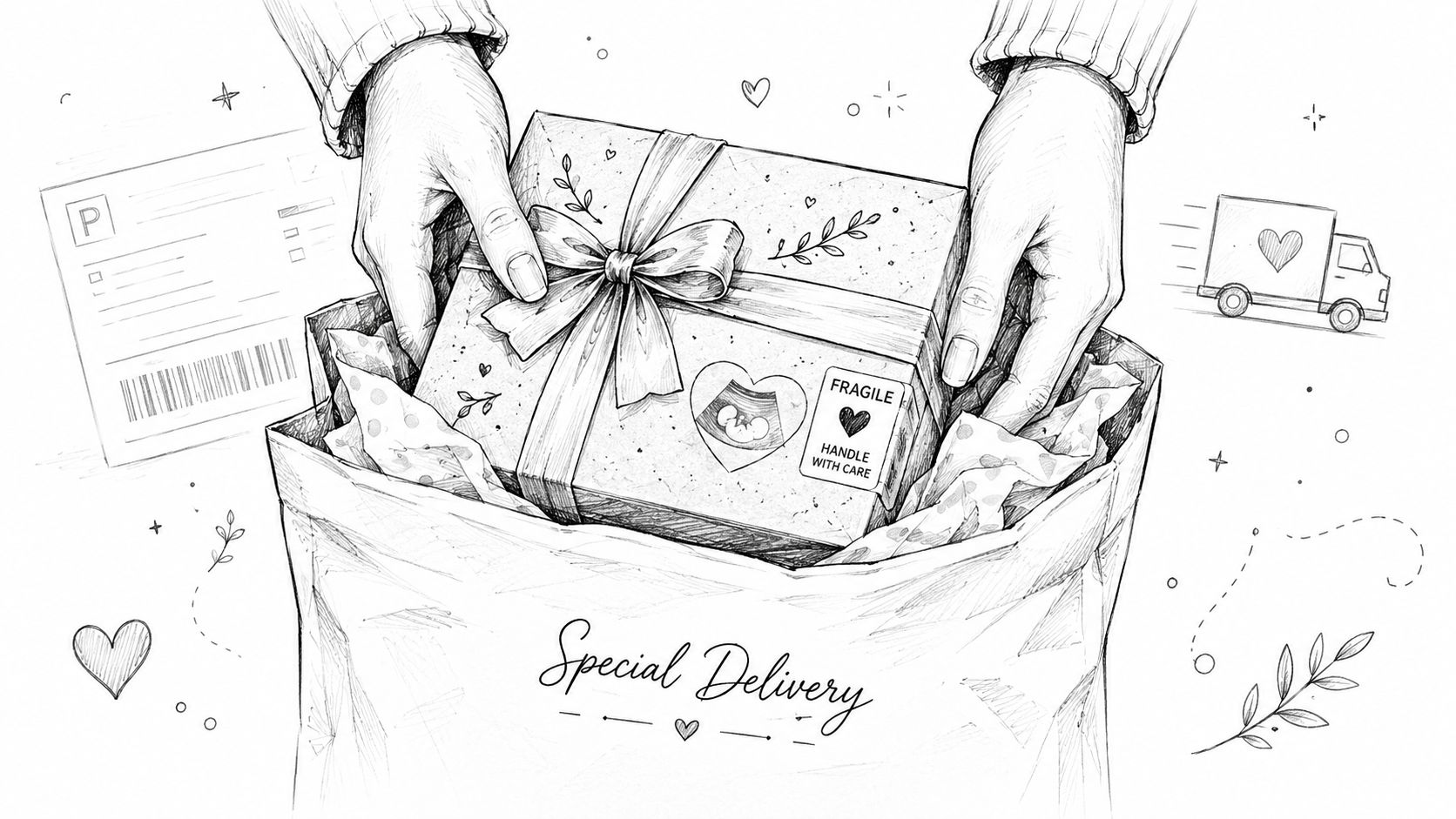 A hand-drawn illustration showing a person placing a gift box with a baby ultrasound image inside.