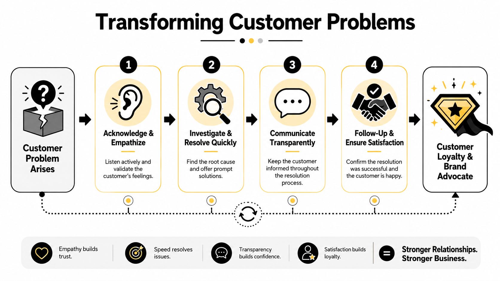 A four-step infographic showing how to transform customer problems into loyalty through empathy, investigation, communication, and follow-up.