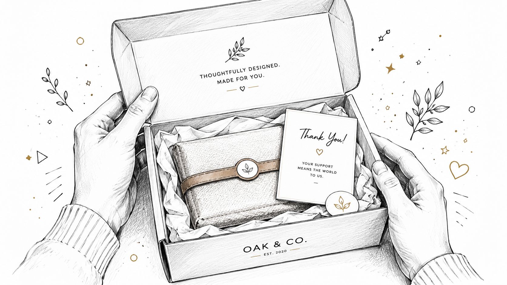 A hand-drawn illustration of a person opening a gift box from Oak & Co. with a thank you note.