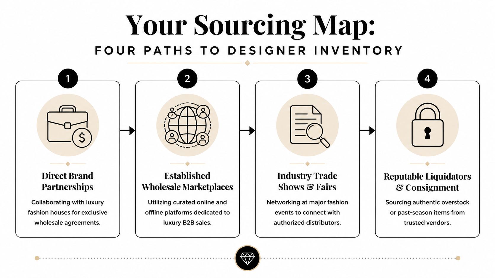 An infographic titled Your Sourcing Map illustrating four professional methods for acquiring designer clothing inventory.