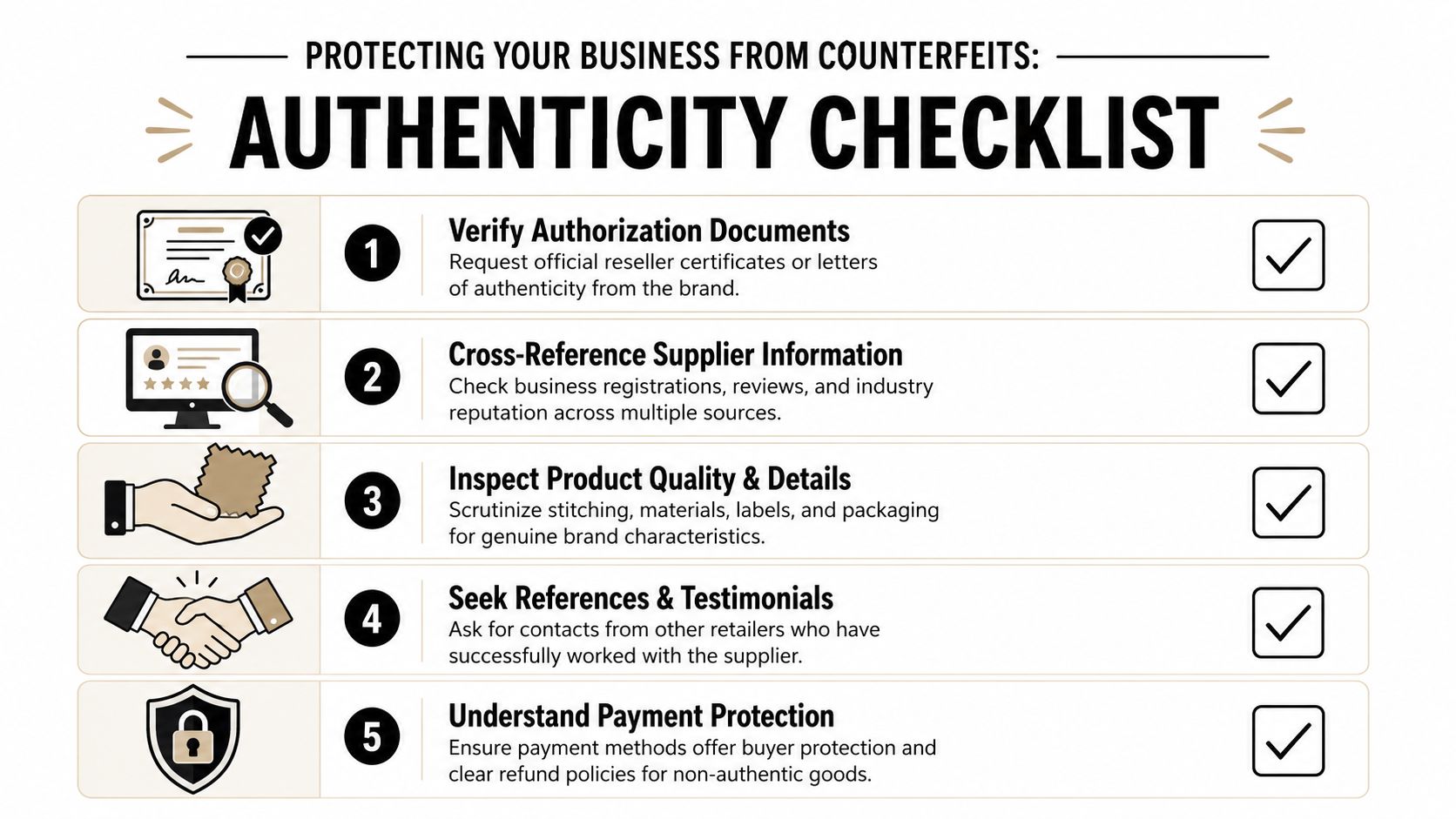 A five-step checklist illustrating essential practices for businesses to verify product authenticity and avoid buying counterfeit goods.