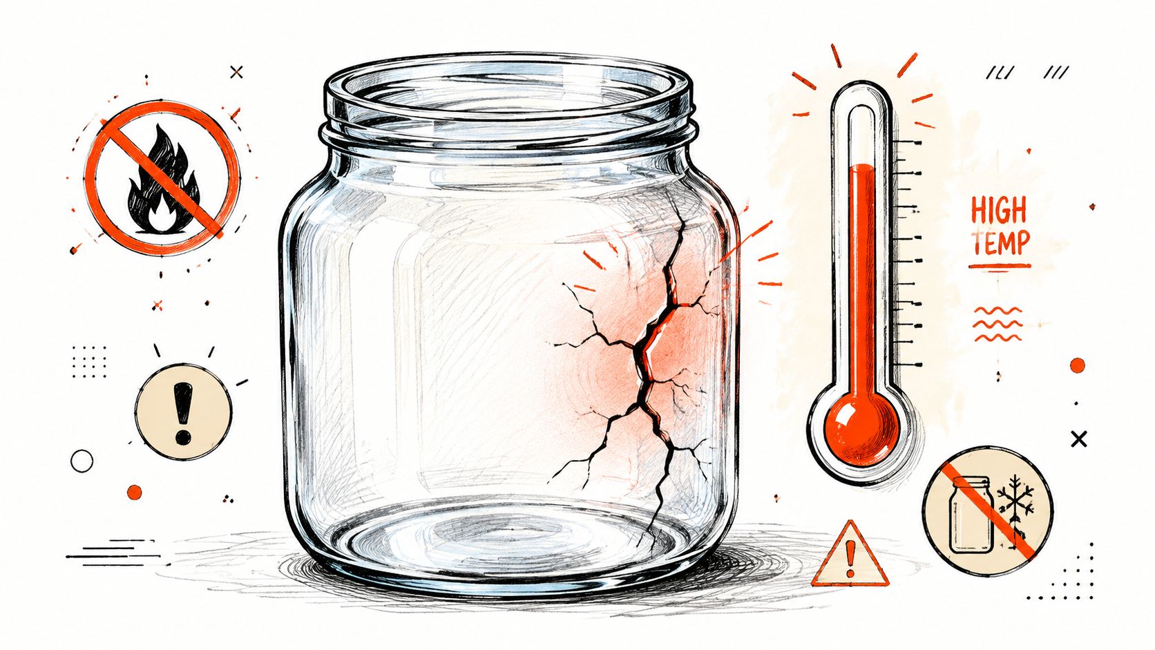 A hand-drawn illustration showing a cracked glass jar with warning symbols for high temperatures and freezing conditions.