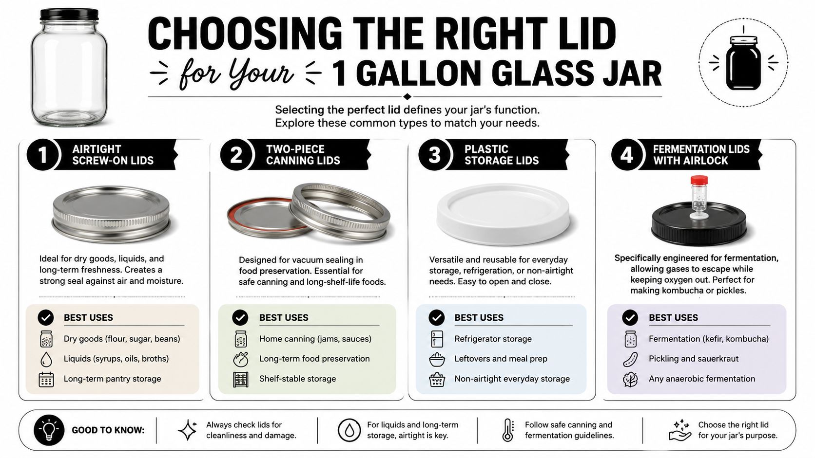An infographic showing four different types of lids for a 1 gallon glass jar with usage recommendations.