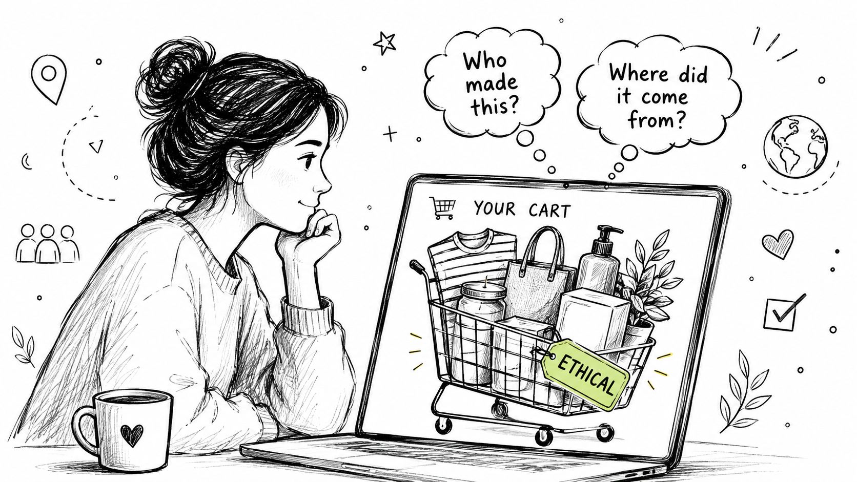 A woman looks at an online shopping cart on her laptop, considering ethical products and supply chains.