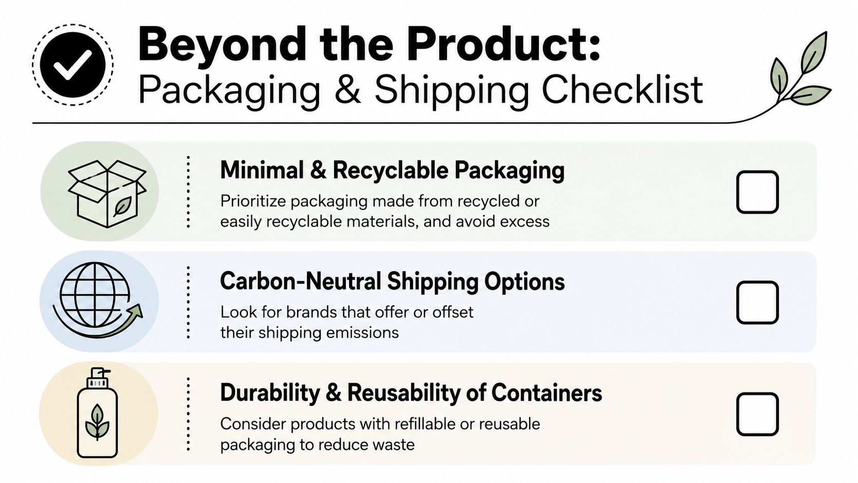 A checklist graphic illustrating sustainable packaging and carbon-neutral shipping practices for eco-conscious online shopping decisions.