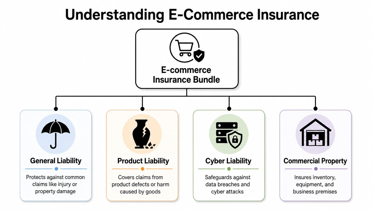 A diagram outlining the four main components of an e-commerce insurance bundle including liability and property coverage.
