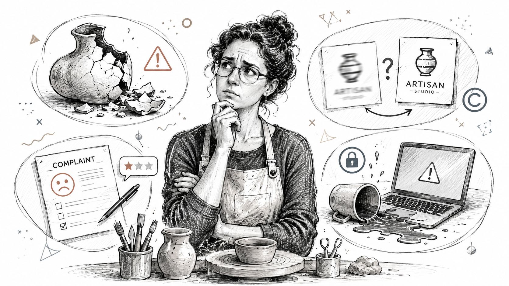 An artisan potter looking thoughtful while surrounded by sketches of broken pottery, customer complaints, and damaged laptop.
