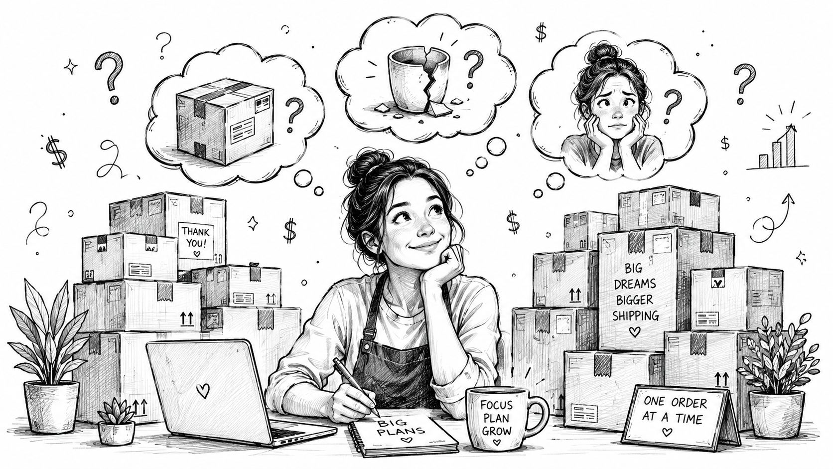 A woman sketching business plans surrounded by shipping boxes while imagining potential e-commerce challenges and future growth.