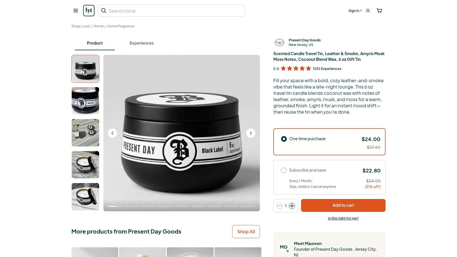 Scented Candle Travel Tin, Leather & Smoke, Amyris Musk Moss Notes, Coconut Blend Wax, 6 oz Gift Tin