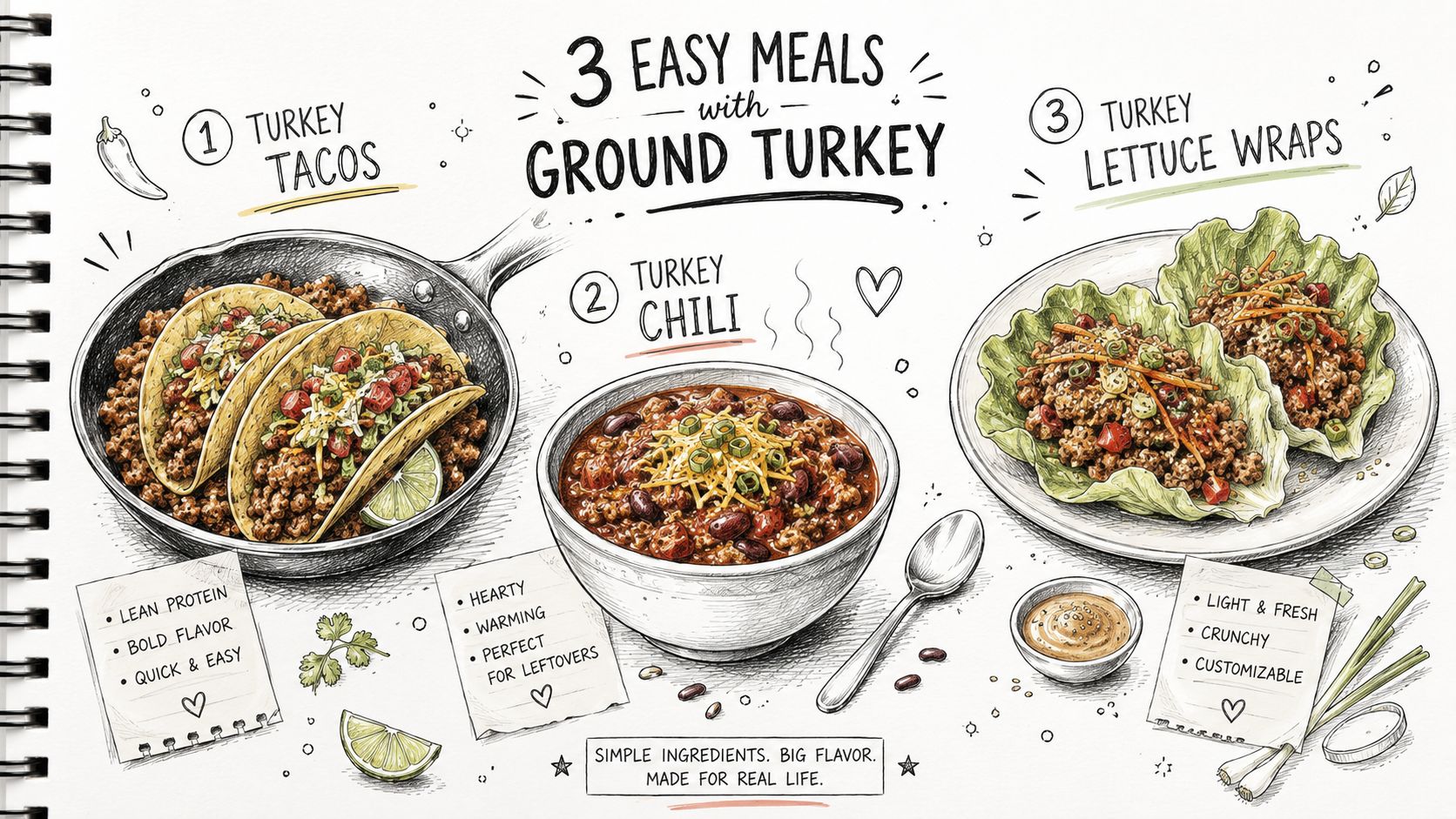 A hand-drawn illustration showing three easy recipes using ground turkey including tacos, chili, and lettuce wraps.