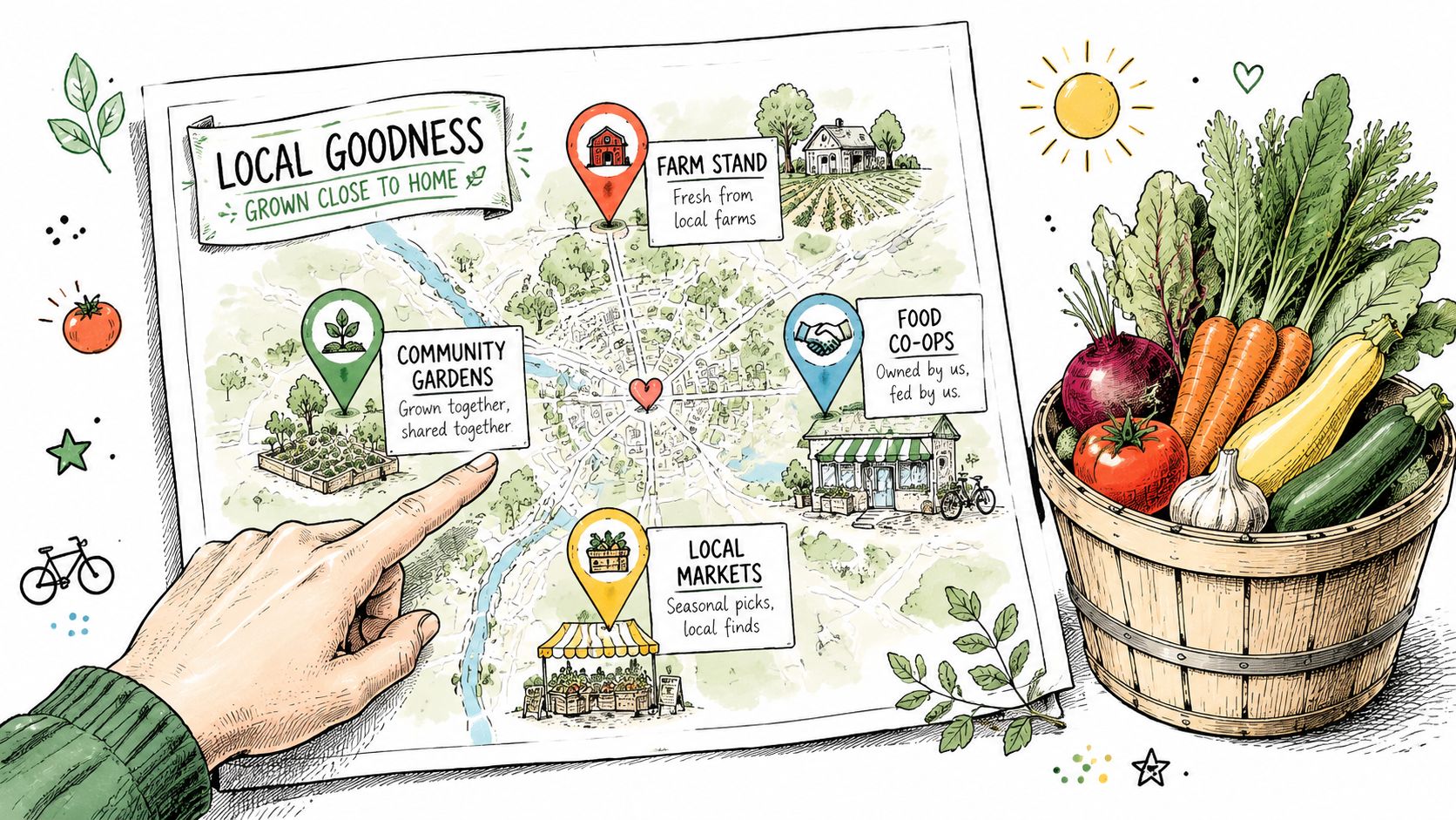 A hand pointing to a map of community-focused food sources, including gardens, farm stands, and local markets.