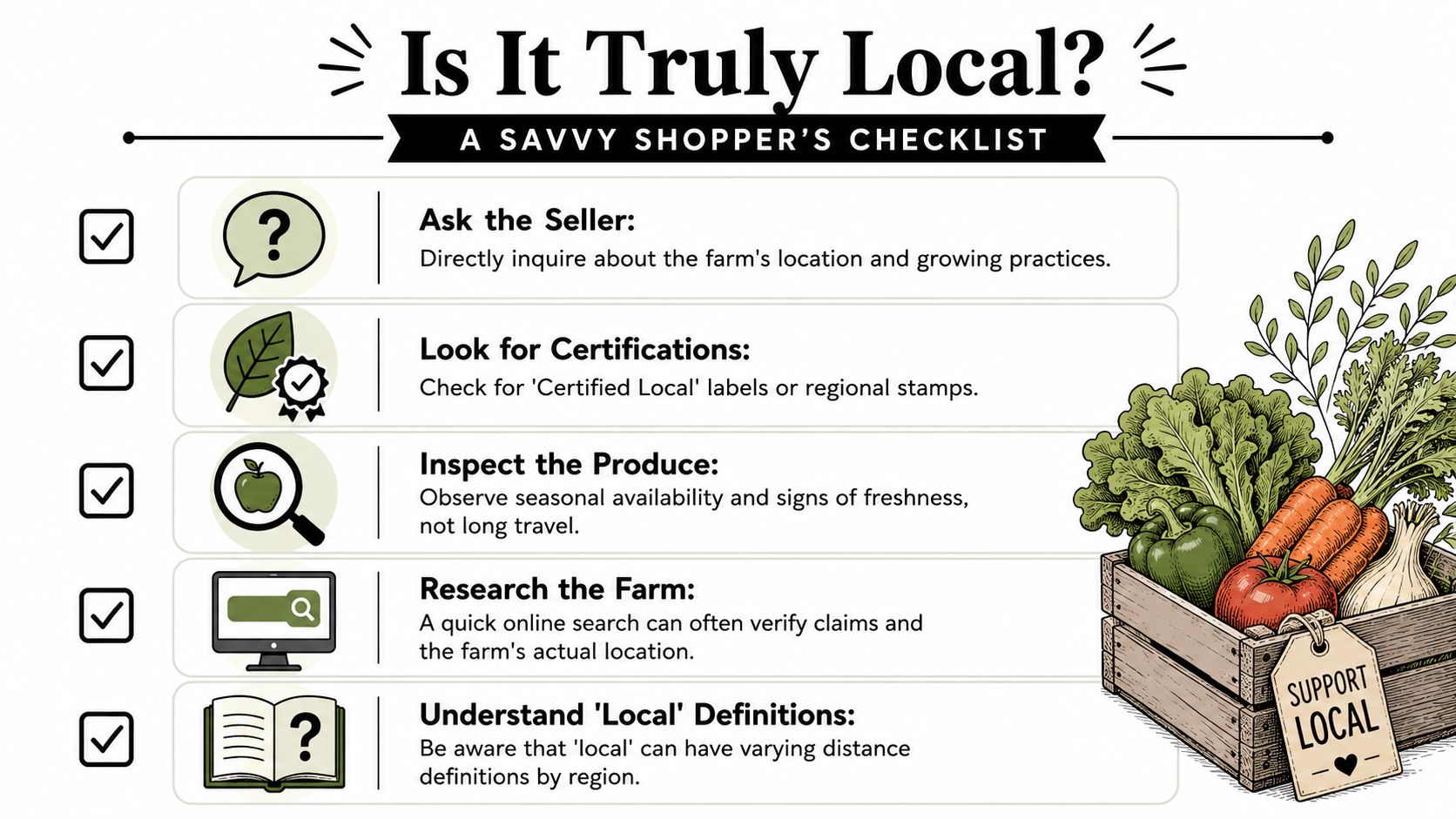 An infographic checklist guiding shoppers on how to verify if produce is truly locally grown.