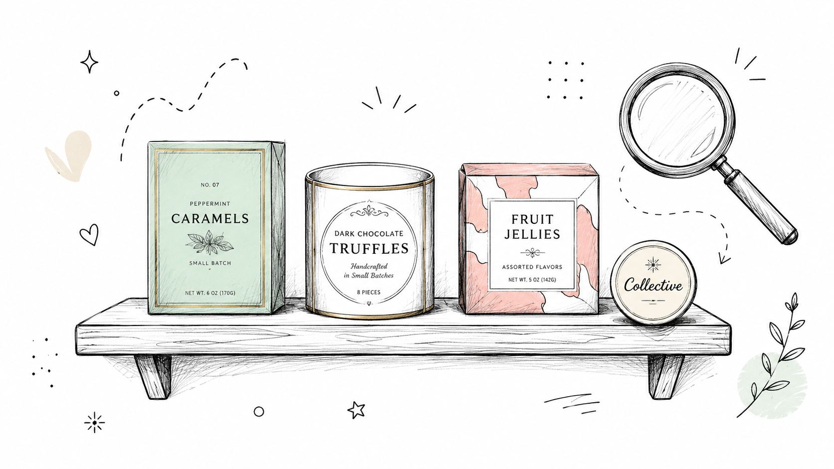 A hand-drawn illustration of candy boxes and a truffle container sitting on a wooden shop shelf.