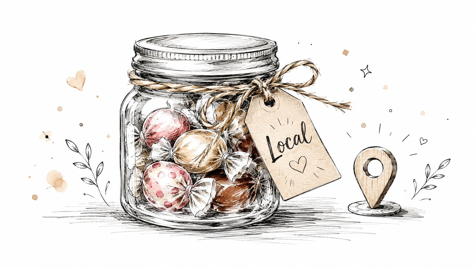 A hand-drawn illustration of a glass jar filled with wrapped candies and a Local tag attached.