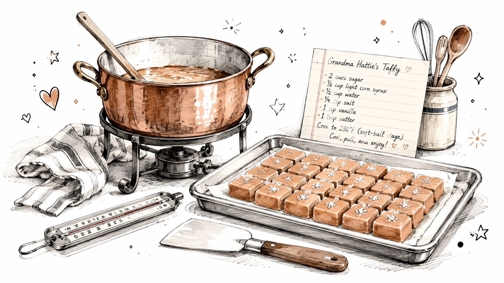 A hand-drawn illustration showing a copper pot on a stove, a recipe card, and finished taffy candies.