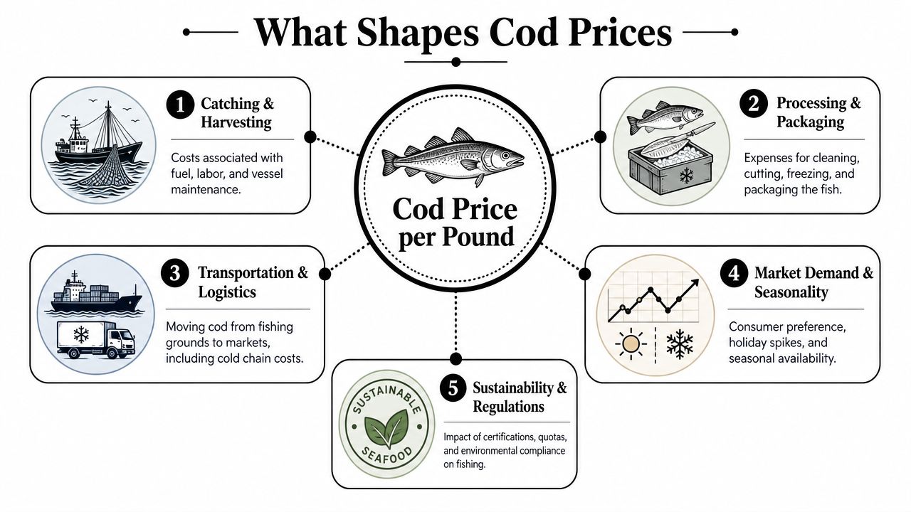 An infographic titled What Shapes Cod Prices detailing five key factors influencing the cost of cod per pound.