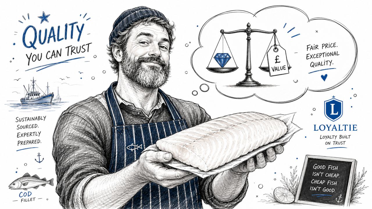 A fisherman holding a fresh cod fillet with a conceptual illustration of value and quality balance.