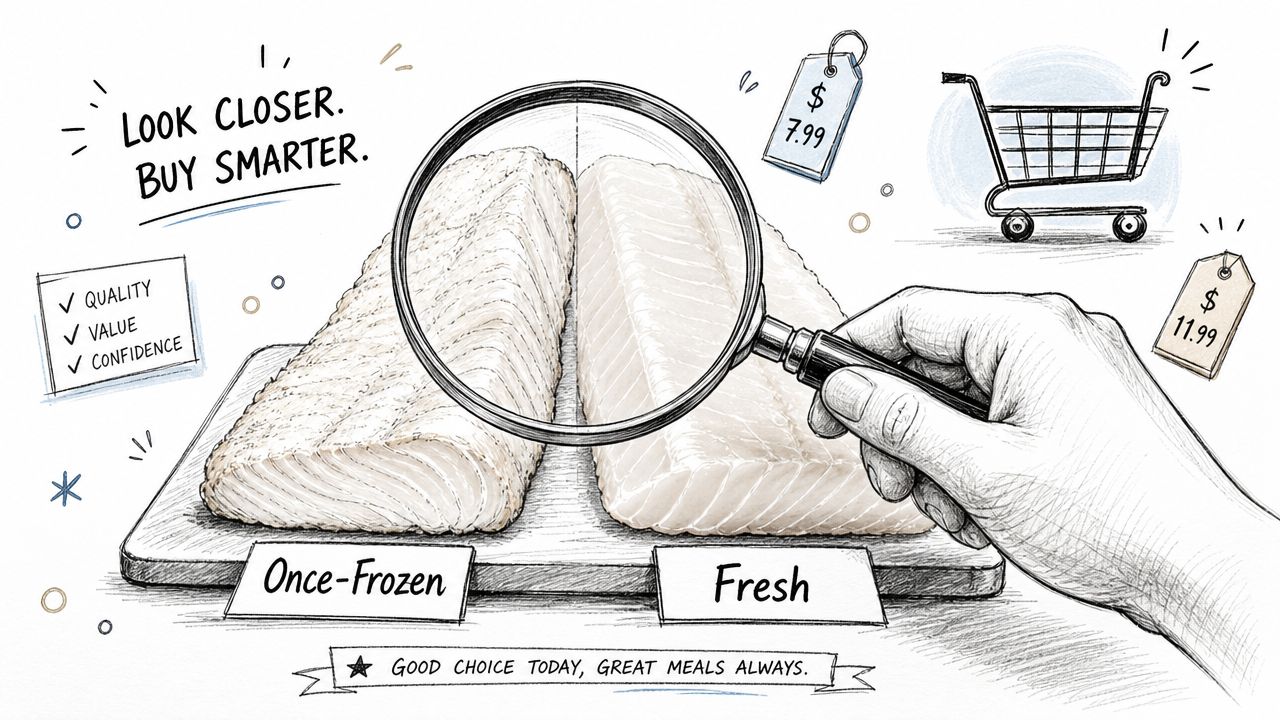 A hand holding a magnifying glass over fish fillets comparing once-frozen versus fresh, highlighting price and quality differences.