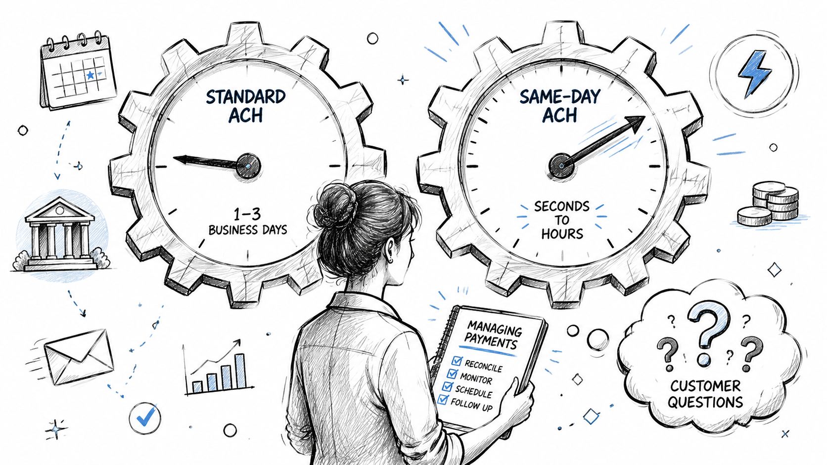 A professional analyzing standard and same-day ACH payment methods for efficient financial management and customer service.