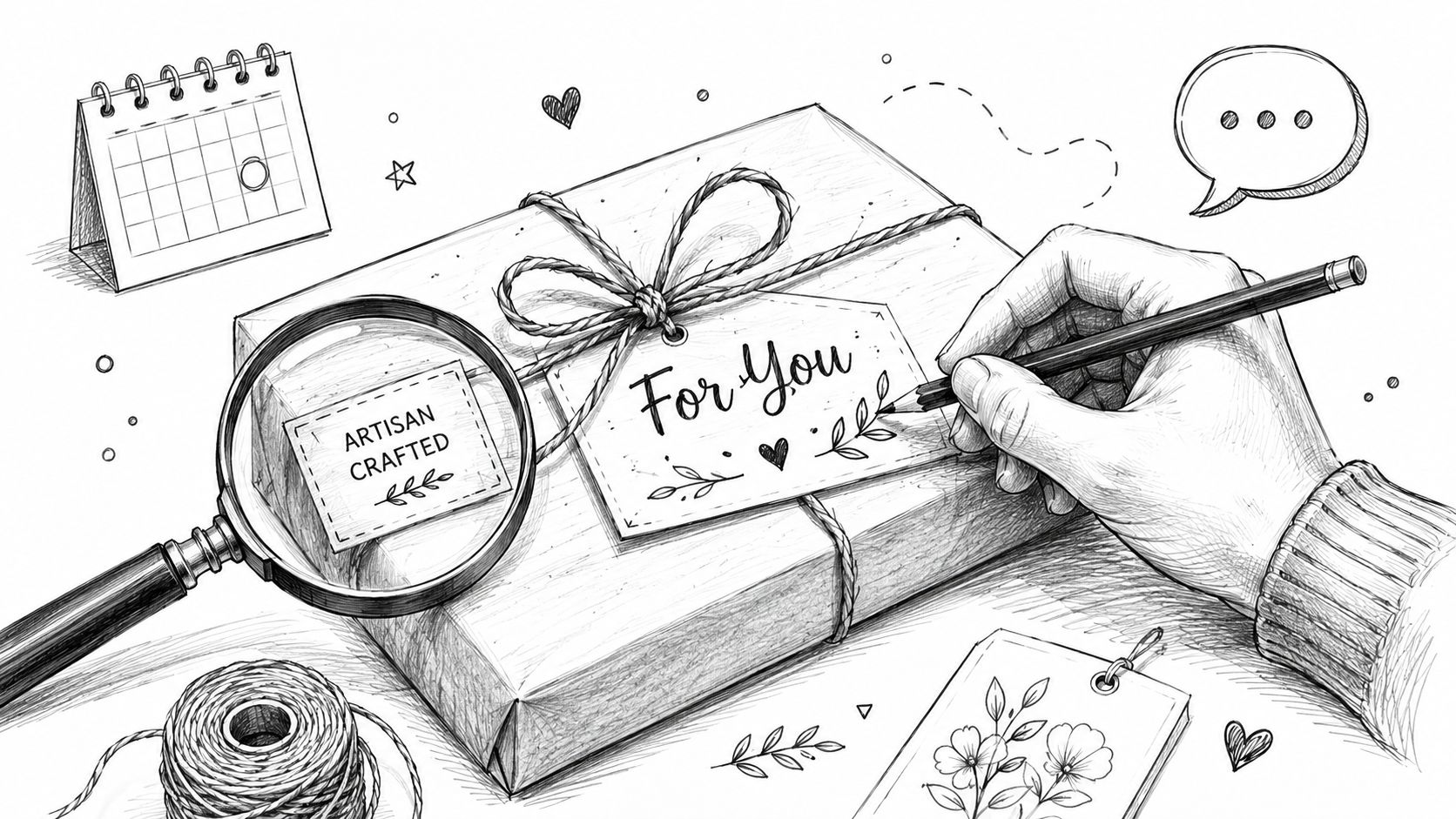 A hand sketching a gift tag on a wrapped present with a magnifying glass and calendar nearby.