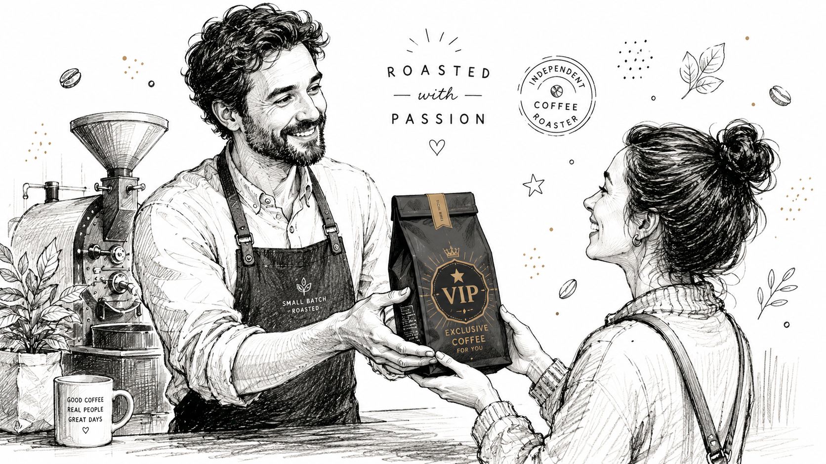 A friendly barista handing a bag of premium VIP coffee to a customer in a sketch style.