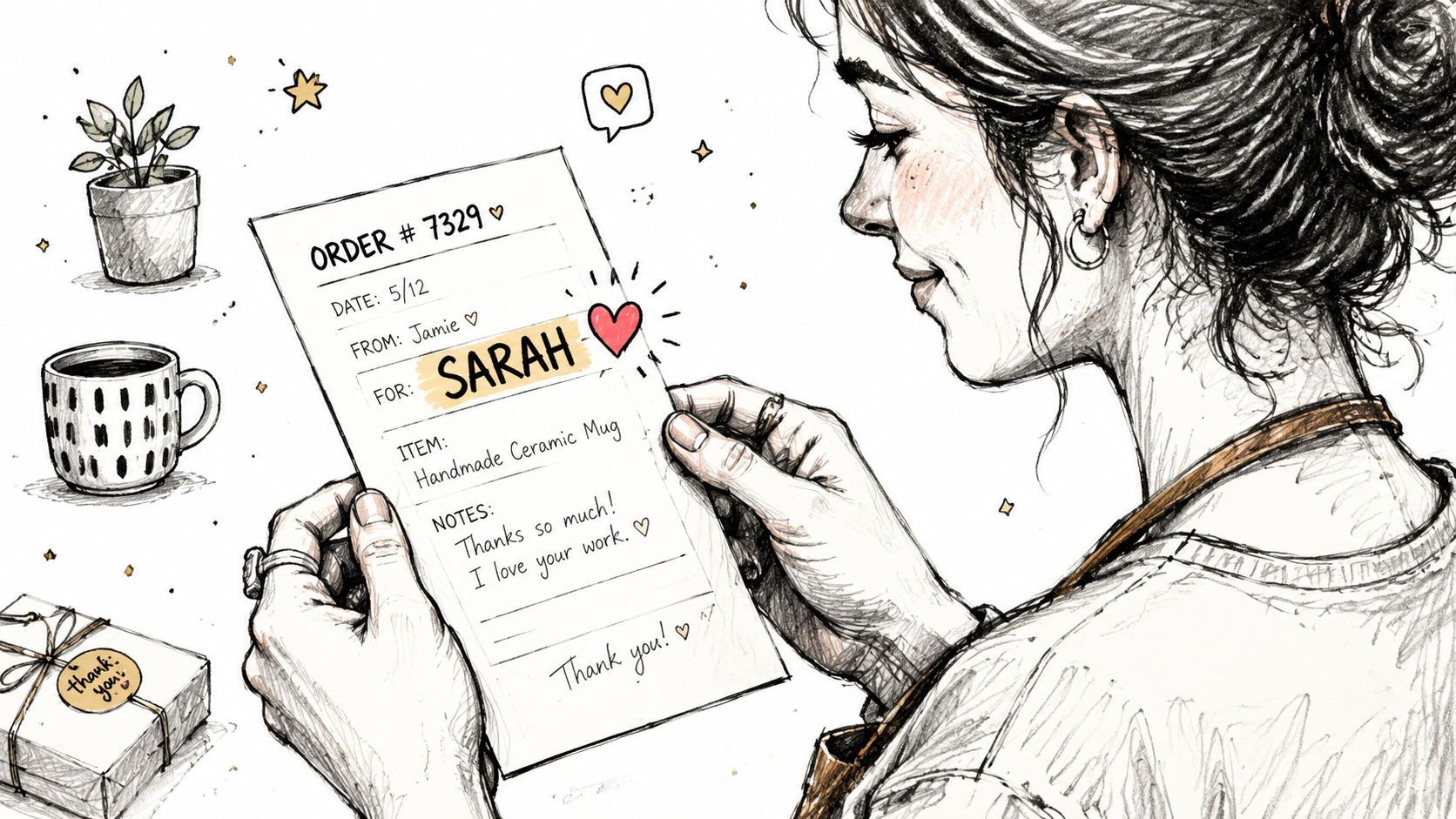 An artist reading a personalized handmade ceramic mug order form with a heartfelt note from a customer.