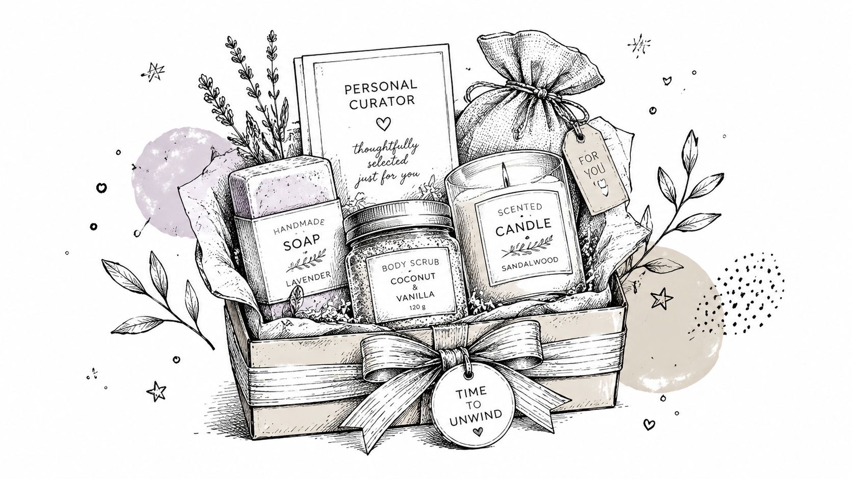 A hand-drawn gift basket containing handmade soap, body scrub, a candle, and a card, symbolizing self-care gifts.
