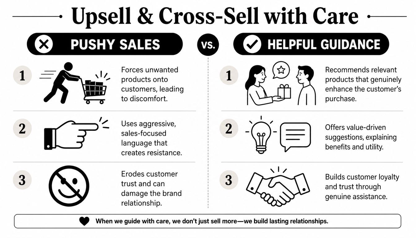 A comparison infographic between pushy sales tactics and helpful guidance for increasing average order value.