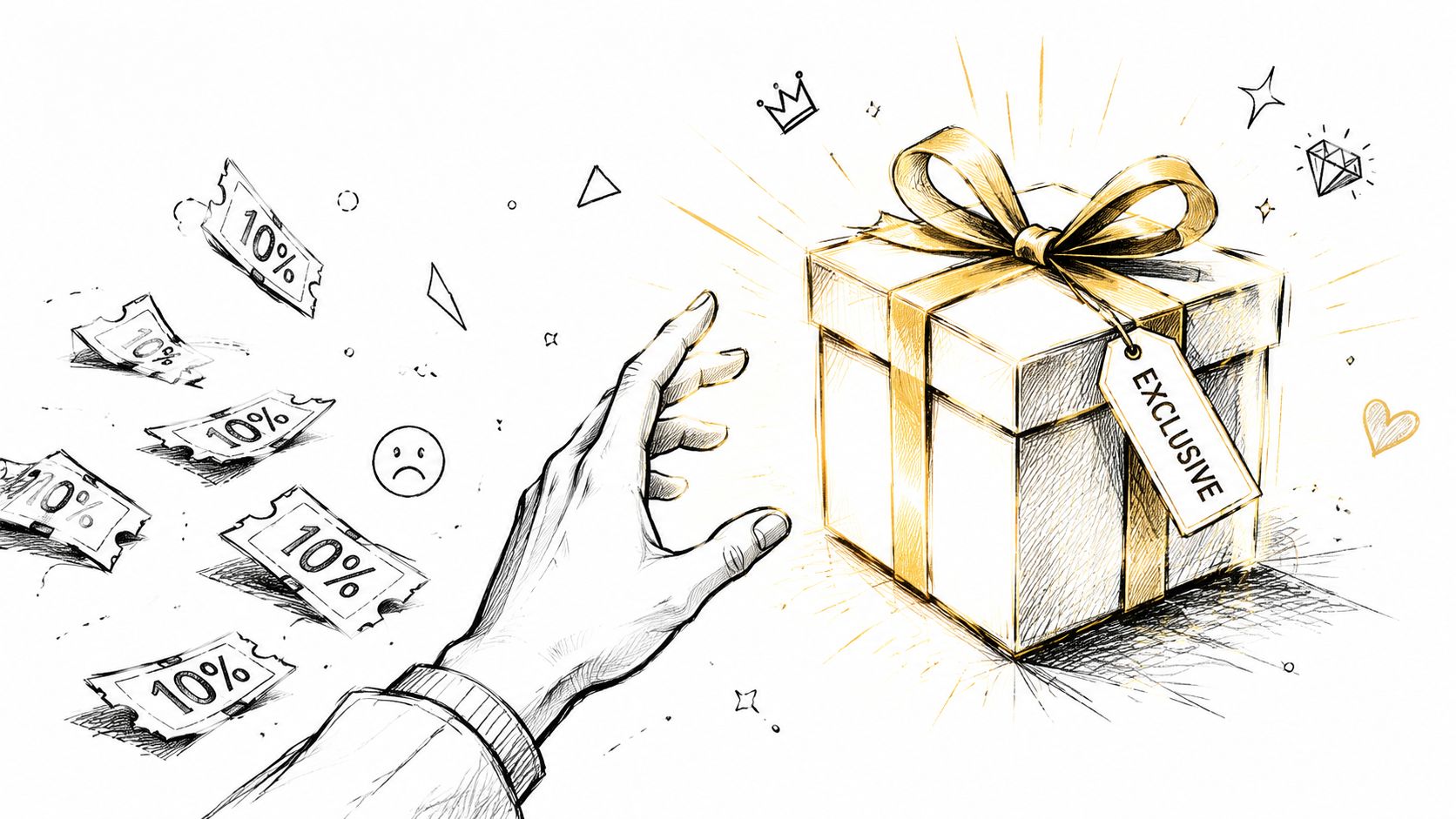 A hand reaching for an exclusive gift box while ignoring numerous ten percent discount tickets floating nearby.
