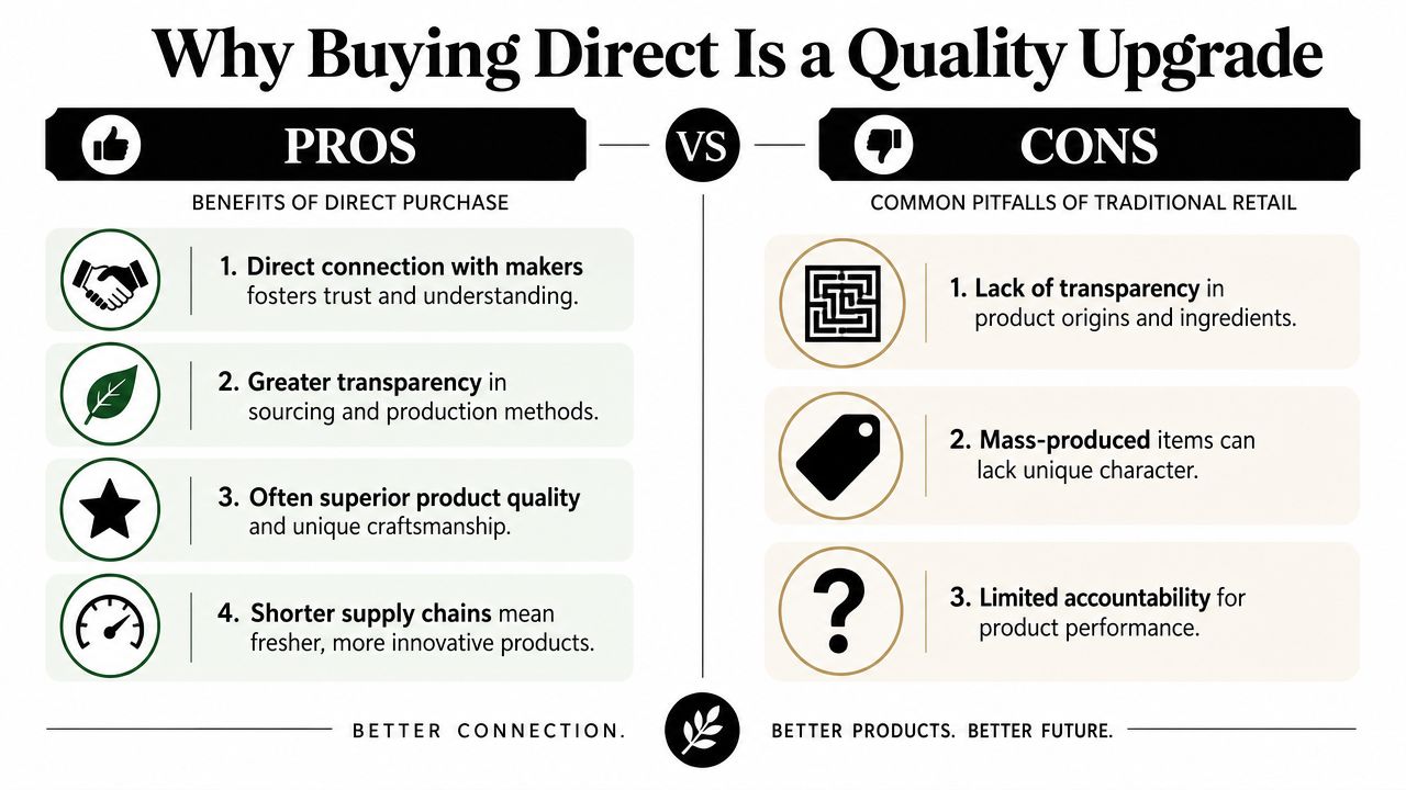 A comparison infographic showing pros of buying direct versus the cons of traditional retail consumer shopping.