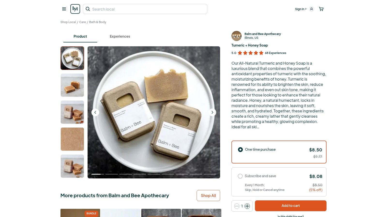 Screenshot from https://loyaltie.com/balmandbee/products/tumeric-honey-soap