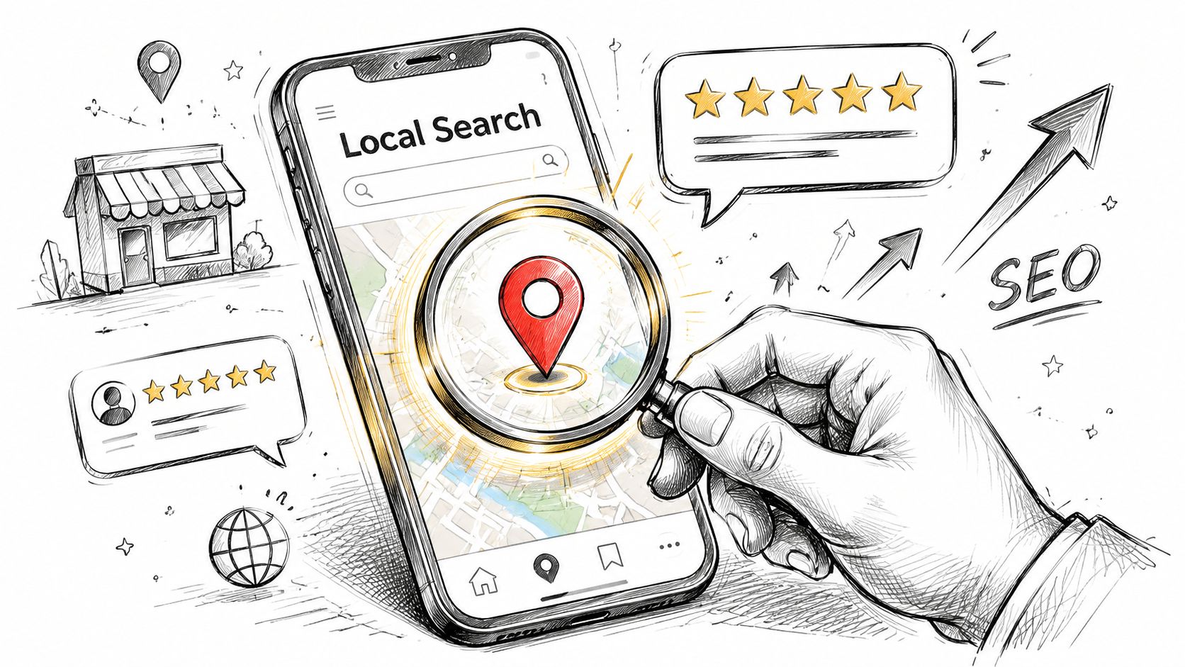 A hand holding a magnifying glass over a mobile phone displaying a local search map interface.