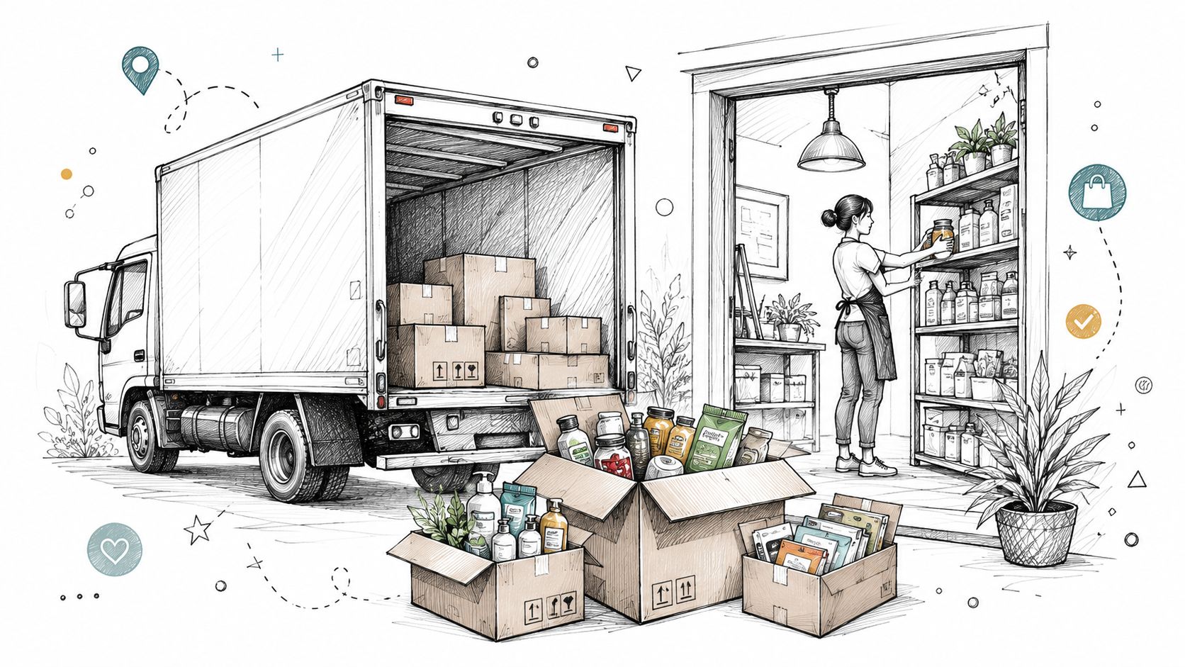 A delivery truck being unloaded with boxes of supplies near a store shelves with a shopkeeper.