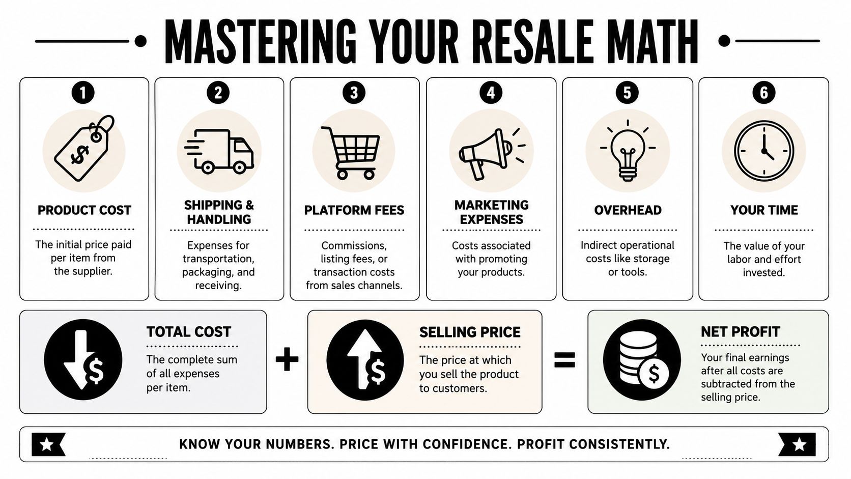 A diagram titled Mastering Your Resale Math illustrating six key business costs and a profit calculation formula.