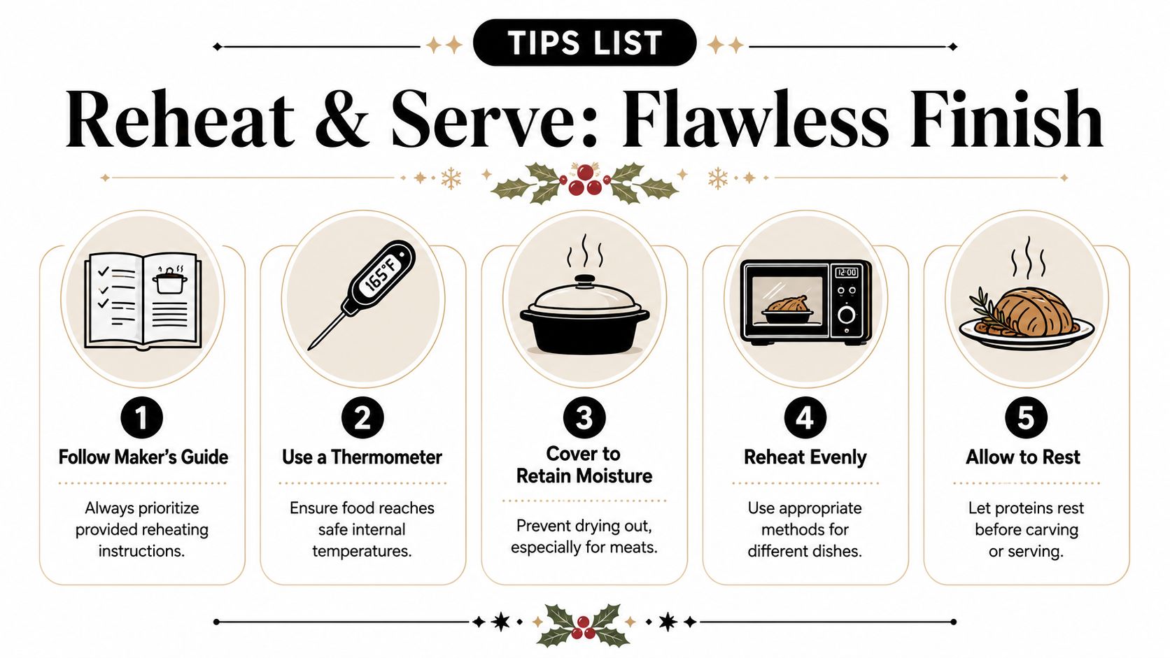 An infographic titled Reheat and Serve with five numbered steps for safely reheating holiday food items.