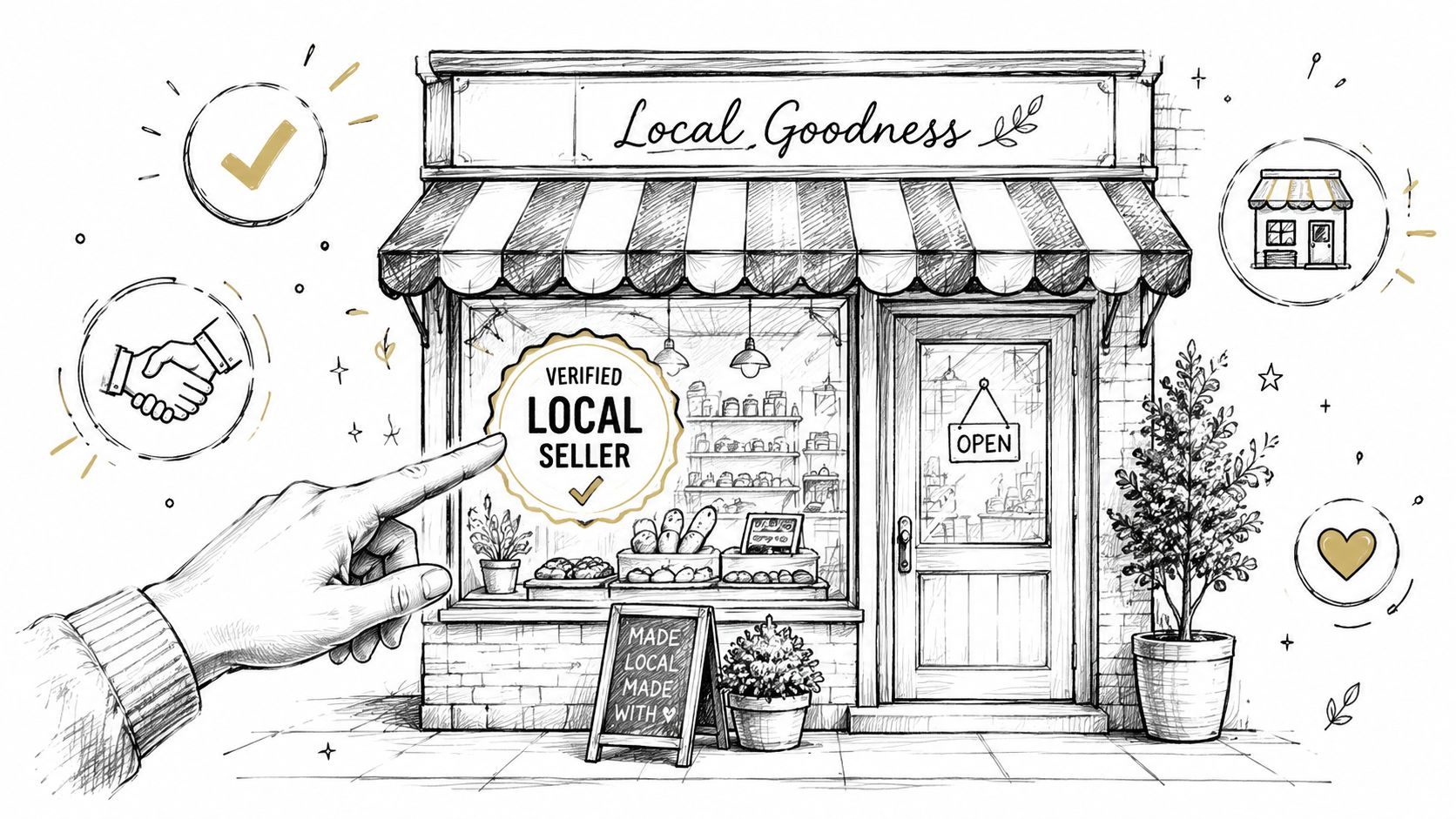 A hand points to a verified local seller badge in front of a hand-drawn local bakery storefront.