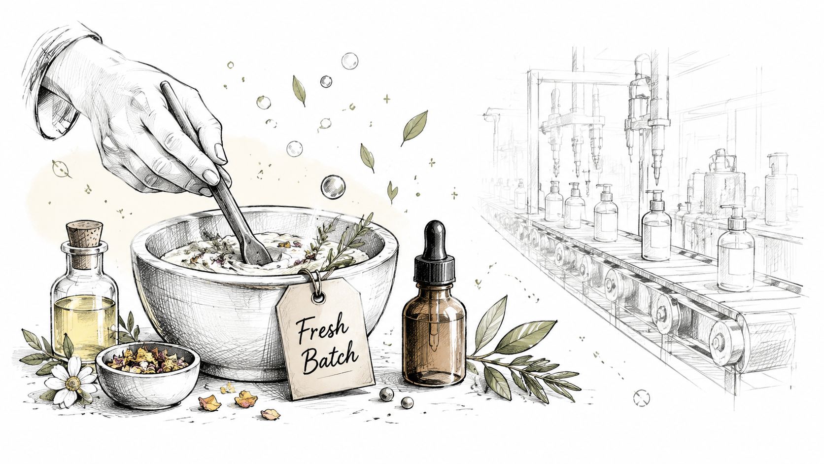 A hand mixing natural skincare ingredients in a bowl next to a bottle and an industrial production line.