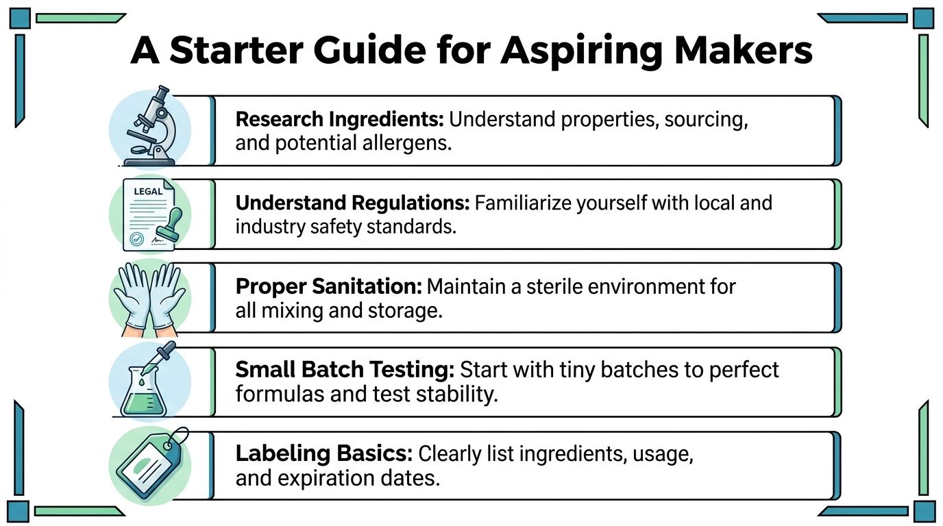 An educational infographic outlining five essential steps for beginners starting a handmade skincare business.