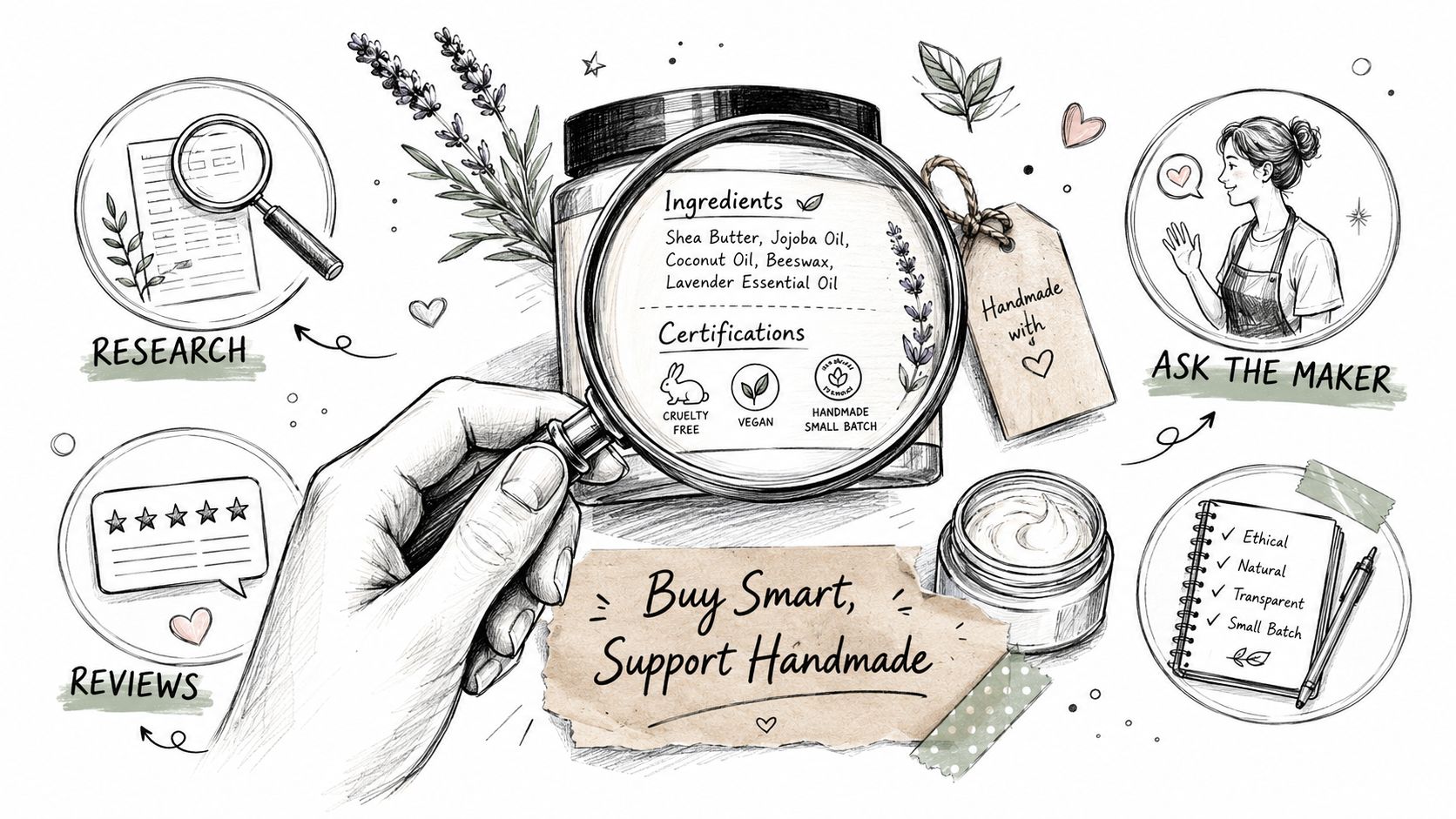 A hand holding a magnifying glass over a jar label highlighting handmade skincare ingredients and certifications.