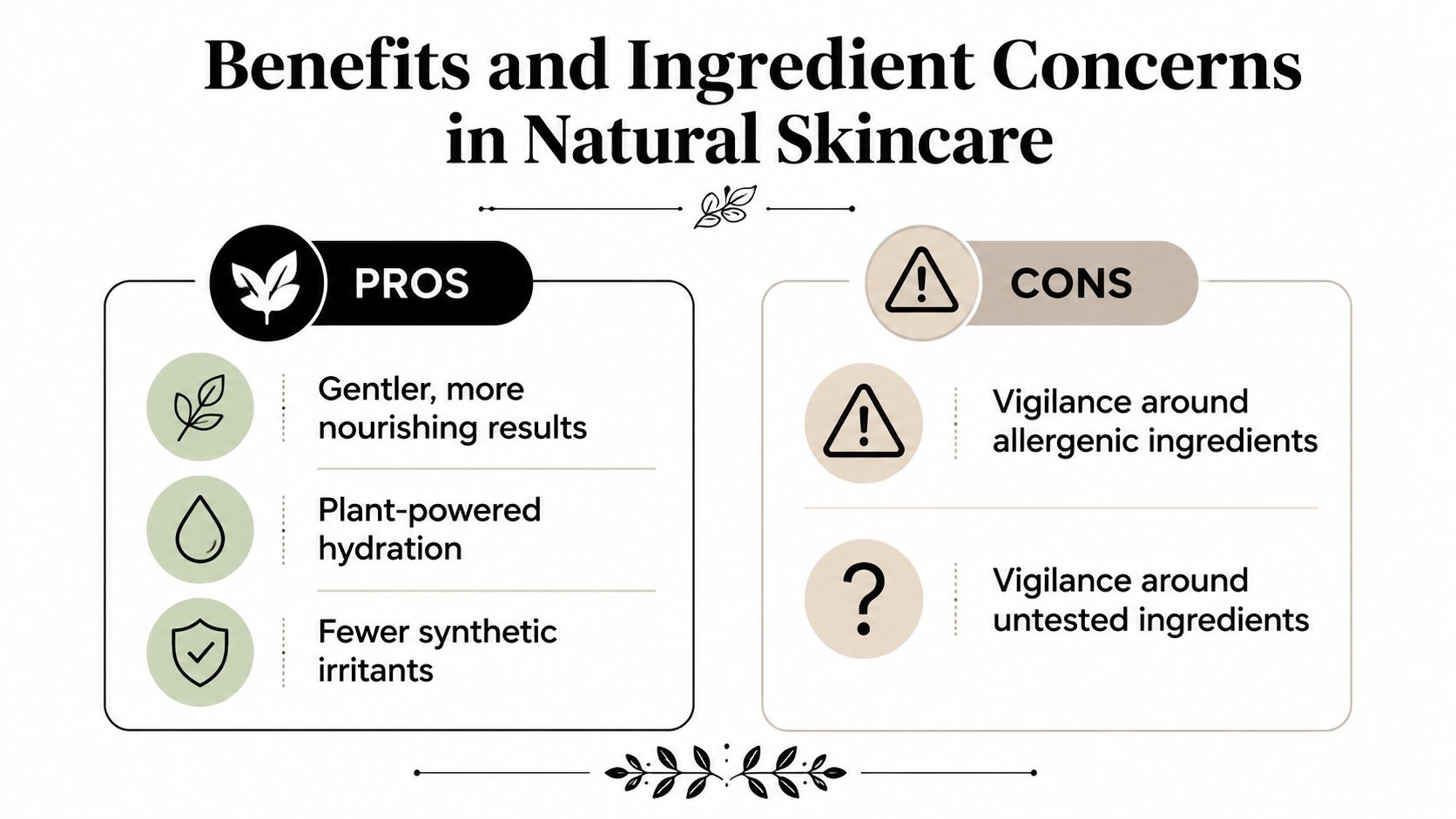 A comparison infographic listing the pros and cons of using natural skincare products for beauty routines.