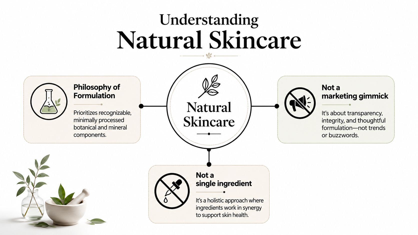 An infographic explaining the philosophy and principles of natural skincare with text and simple icons.